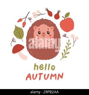 Hallo Herbstpostkarte mit Igel. Waldkarte mit Blättern und süßem Waldtier auf weißem Hintergrund Stock Vektor