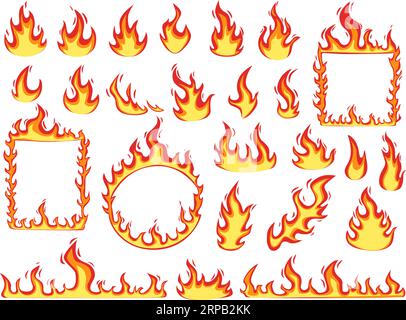 Bunte Feuerflamme, Rahmen und Banner. Verschiedene Zeichentrickflammen Grafikdesign, Lagerfeuer, Brand oder heiße Symbole Nowaday Vektor Sammlung Stock Vektor