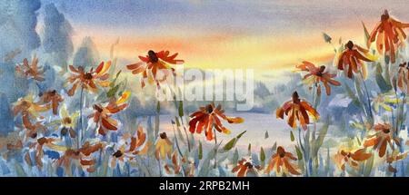 Herbstabendlandschaft mit Blumen-Aquarellhintergrund Stockfoto