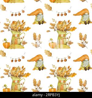Süßer Herbstzwerg mit Kürbisernte, Aquarellmalerei, nahtlosem Muster. Herbstsaison Cartoon-Zwerg mit orangefarbener Gemüsemalerei Stockfoto