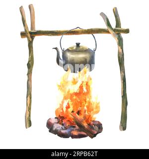 Aquarell-Illustration von Camping. Handgezeichnete Illustration von Reisegefäß, Lagerfeuer auf weißem isoliertem Hintergrund. Traditionelle Ausrüstung für den Campingplatz Stockfoto