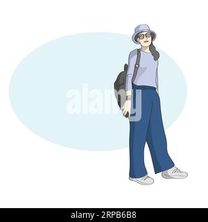 Volle Länge der Frau mit Sonnenbrille und Rucksack in blauer Kopie Raum Illustration Vektor Hand isoliert auf weißem Hintergrund gezeichnet Stock Vektor