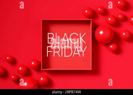 Draufsicht auf eine rote leere Geschenkbox mit roten Kugeln mit dem Wort „Schwarzer Freitag“. Verkaufsankündigung oder Werbung am Black Friday. 3D-Rendering. Stockfoto