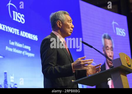 (190531) -- SINGAPUR, 31. Mai 2019 -- der singapurische Premierminister Lee Hsien Loong hält eine Grundsatzrede beim 18. Shangri-La-Dialog, der am 31. Mai 2019 in Singapur stattfand. Der 18. Shangri-La-Dialog wurde hier am Freitagabend eröffnet, um die Sicherheitslage und ihre Herausforderungen im asiatisch-pazifischen Raum zu erörtern. In einer Grundsatzrede zur Eröffnung der Veranstaltung rief der singapurische Premierminister Lee Hsien Loong zum Aufbau einer umfassenderen regionalen Zusammenarbeit und multilateraler Vereinbarungen auf und bekräftigte die Unterstützung Singapurs für die von China vorgeschlagene Belt and Road Initiative. Dann Chih Wey) SINGAPUR-PM-SHANGRI-LA DIALOG-KEYN Stockfoto