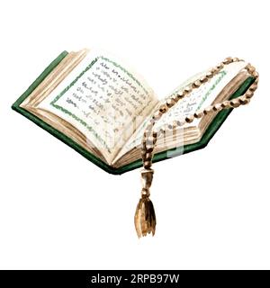 Heiliges offenes Koranbuch mit Rosenkranz, Designelement für Ramadan oder andere religiöse islamische Feiertage. Von Hand gezeichnete Aquarellzeichnung isoliert auf weiß Stockfoto