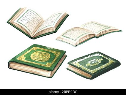 Heiliger Koran-Buchset, Gestaltungselement für Ramadan oder andere religiöse islamische Feiertage. Handgezeichnete Aquarellillustration isoliert auf weißem Hintergrund Stockfoto