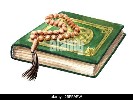 Heiliges Koranbuch mit Rosenkranz, Designelement für Ramadan oder andere religiöse islamische Feiertage. Handgezeichnete Aquarellzeichnung isoliert auf weißem bac Stockfoto