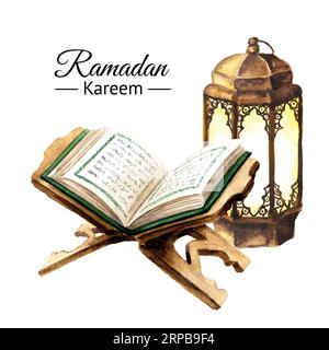 Heiliges Koran-Buch, offen auf dem hölzernen Buchhalter und der muslimischen Laterne. Designelement für Ramadan oder andere religiöse islamische Feiertage. Handgezeichneter Wasserkrug Stockfoto