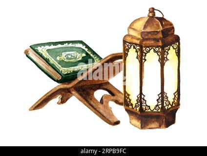 Heiliges Koranbuch, offen auf dem Holzbuchhalter, muslimische Laterne und Datteln. Designelement für Ramadan oder andere religiöse islamische Feiertage. Von Hand gezeichnet Stockfoto