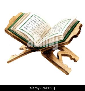 Heiliges Koran-Buch, offen auf dem hölzernen Buchhalter. Designelement für Ramadan oder andere religiöse islamische Feiertage. Handgemalte Aquarellzeichnung ist Stockfoto