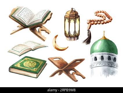 Islamisches Designelement für Ramadan oder andere religiöse islamische Feiertage. Handgezeichnete Aquarellillustration isoliert auf weißem Hintergrund Stockfoto