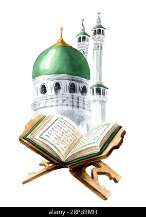 Islamische Moschee und Heiliger Koran Buch, offen auf dem hölzernen Buchhalter. Designelement für Ramadan oder andere religiöse islamische Feiertage. Handgezeichneter Wasserkrug Stockfoto