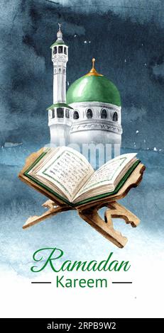 Islamische Moschee und Heiliger Koran Buch, offen auf dem hölzernen Buchhalter. Ramadan Kareem Grußkarte. Handgezeichnete Aquarellzeichnung isoliert auf weiß Stockfoto