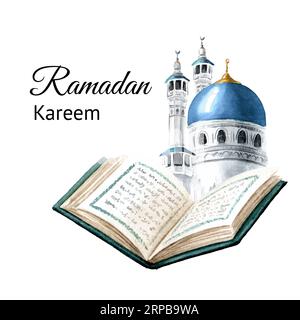 Islamische Moschee und Heiliger Koran Buch. Ramadan Kareem Grußkarte. Handgezeichnete Aquarellillustration isoliert auf weißem Hintergrund Stockfoto