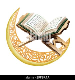 Ramadan-Halbmond und Heiliger Quran-Buch, Gestaltungselement für Ramadan oder andere religiöse islamische Feiertage. Handgezeichnete Aquarellzeichnung isoliert auf Stockfoto