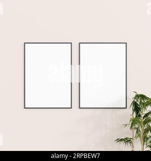 Minimales Rahmenmodell an weißer Wand mit Pflanze. Poster-Mockup. Sauber, modern, minimaler Rahmen. 3D-Rendering. Stockfoto