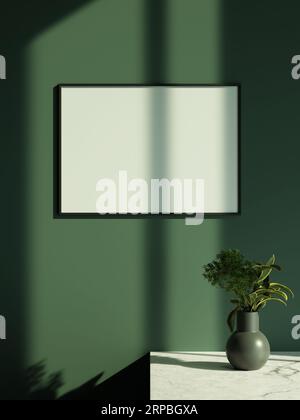 Minimalistischer Wohnzimmerstil mit an der Wand hängendem Fotorahmen und Sonnenlicht im Fensterschatten Stockfoto