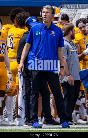 September 2023, San Jose, CA USA San Jose State Head Coach Brent Brennan an der Seite des NCAA Football-Spiels zwischen den Oregon State Beavers und den San Jose State Spartans. Oregon State besiegte San Jose State 47-17 im CEFCU Stadium San Jose, CA. Thurman James / CSM Stockfoto