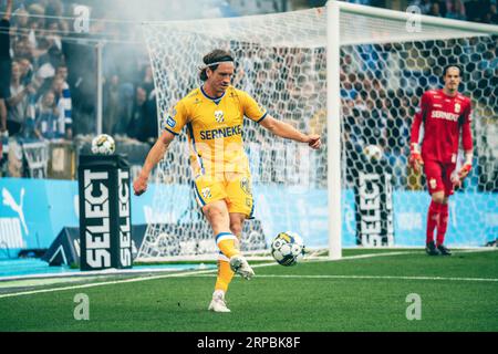 Malmoe, Schweden. September 2023. Gustav Svensson (13) aus Göteborg, gesehen während des Allsvenskan-Spiels zwischen Malmoe FF und IFK Göteborg im Eleda Stadion in Malmoe. (Foto: Gonzales Photo/Alamy Live News Stockfoto