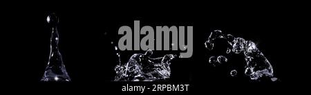 Sammlung von Wasserspritzern auf schwarzem Hintergrund Stockfoto