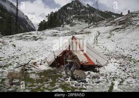 (190613) -- SRINAGAR, 13. Juni 2019 -- Ein Nomad isst nach einem Schneefall in Sonmarg, am Rande von Srinagar, der Sommerhauptstadt des von Indien kontrollierten Kaschmirs, 12. Juni 2019 vor einem Zelt zu Mittag. ) KASCHMIR-SRINAGAR-SNOWFALL JavedxDar PUBLICATIONxNOTxINxCHN Stockfoto