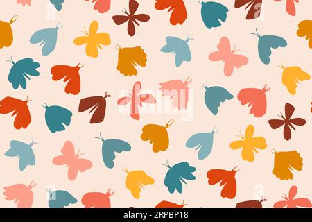 Nahtloses Muster mit Schmetterlings- und Motten-Silhouette. Retro-Boheme-Insekten-Repetierornament. Fantasy mystische Boho Motte fliegende magische Insekten Textur, mystische Schmetterling grenzenlose Tapete verzierte Vorlage Stock Vektor