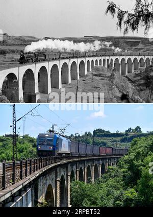 (190615) -- CHONGQING, 15. Juni 2019 (Xinhua) -- Kombo-Foto zeigt einen Personenzug, der auf der Wang-erxi-Brücke fährt, eine Eisenbahnbrücke mit Steinbogen entlang der Chengdu-Chongqing-Eisenbahn (Foto oben, undatierte Datei) und einen Frachtzug, der auf der Brücke fährt, 13. Juni 2019 (Foto unten von Liu Chan). Die 505 km lange Bahnstrecke Chengdu-Chongqing verbindet Chengdu mit der südwestchinesischen Provinz Sichuan und der Gemeinde Chongqing und ist die erste Eisenbahnstrecke, die nach der Gründung der Volksrepublik China gebaut wurde. Es wurde von China entworfen und aus einheimischen Materialien gebaut. Der Bau der Schiene Stockfoto