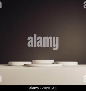 Realistische 3D-Produkte zeigen einen braunen Podium-Standfuß auf einem braunen Hintergrund Stockfoto