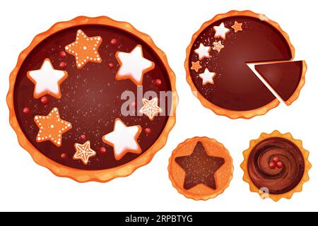 Set Weihnachtsschokolade Kuchen, Kuchen mit Preiselbeeren, Sternform Lebkuchen traditionelle Feiertagsdessert Schnitt Top-Ansicht im Cartoon-Stil isoliert auf weißem Hintergrund. Vektorillustration Stock Vektor