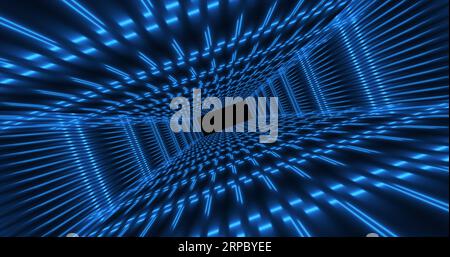 Abstraktes blaues futuristisches quadratisches Tunnelraster mit leuchtenden Neonlinien Digitale wunderschöne magische Energie auf dunklem Hintergrund. Abstrakte Backgrou Stockfoto