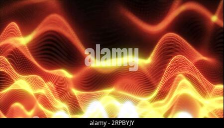 Abstrakter Hintergrund orangener feuriger futuristischer glühender Wellen aus Punktteilchen und Linien von Energie und Magie auf schwarzem Hintergrund. Bildschirmschoner Stockfoto