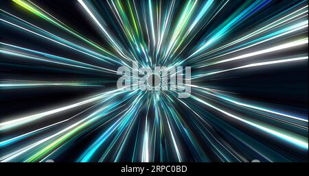 Ein Tunnel, der mit Lichtgeschwindigkeit von mehrfarbigen blau-weißen Lichtstreifen und Energiestrahlen fliegt. Abstrakter Hintergrund. Stockfoto