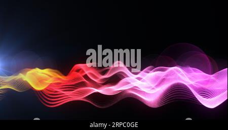 Abstrakter Hintergrund mehrfarbige Gradientenwelle futuristischer High-Tech-Wellen dotiert Pixelpartikel, die mit Leuchteffekt und Hintergrundunschärfe fliegen. Stockfoto
