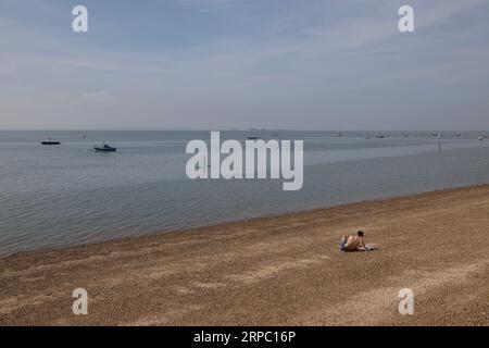 Menschen sitzen mit Blick auf die Themse Estuary, entlang der Promenade in Thorpe Bay, östlich von Southend-on-Sea, Essex, England, Vereinigtes Königreich Stockfoto