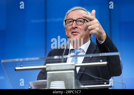 (190621) -- BRÜSSEL, 21. Juni 2019 (Xinhua) -- der Präsident der Europäischen Kommission Jean-Claude Juncker nimmt an einer Pressekonferenz während des EU-Sommergipfels in Brüssel, Belgien, am 21. Juni 2019 Teil. (Xinhua/Zhang Cheng) BELGIEN-BRÜSSEL-EU-SOMMER-GIPFEL PUBLICATIONxNOTxINxCHN Stockfoto