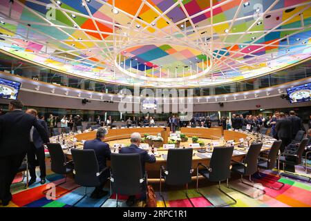 News Themen der Woche KW25 News Bilder des Tages 190621 -- BRÜSSEL, 21. Juni 2019 Xinhua -- Foto aufgenommen am 21. Juni 2019 zeigt den Konferenzsaal des EU-Sommergipfels in Brüssel, Belgien. Xinhua/Zhang Cheng BELGIEN-BRÜSSEL-EU-SOMMER-GIPFEL PUBLICATIONxNOTxINxCHN Stockfoto