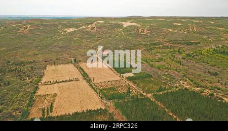 (190622) -- YINCHUAN, 22. Juni 2019 (Xinhua) -- Luftaufnahme aufgenommen am 27. Mai 2019 zeigt Shaquanwan Demonstrationszone in der Qingshan Township des Yanchi County, nordwestchinesische Ningxia Hui Autonomous Region. Die lokale ökologische Umwelt wurde verbessert, wobei die Waldbedeckungsrate von 10 % auf 50 % gestiegen ist. Das am südlichen Rand der Maowusu-Wüste gelegene Yanchi County war einst von Armut betroffen und litt unter Wüstenbildung. Aber nach jahrelangen Bemühungen wurde die Umwelt dort wiederhergestellt, und auch die Grafschaft hat die Armut abgeschwächt. (Xinhua/Ding Hongfa) CHINA-NINGXIA-YANCHI-ARMUT Stockfoto
