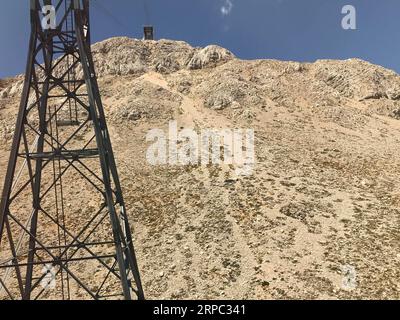 Power Transmission Tower. Luftdrähte Hochspannungsleitungen am Maisfeld unter blauem Himmel. Stockfoto