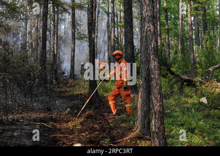 (190622) -- GENHE, 22. Juni 2019 (Xinhua) -- Feuerwehrleute stehen Wache auf einem verbrannten Gebiet in Xiushan Waldfarm der Greater Hinggan Mountains, Nordchinas Innere Mongolei Autonome Region, 22. Juni 2019. Ein Waldbrand, der drei Tage lang in Nordchinas autonomer Region Innere Mongolei wütete, wurde eingedämmt, sagten die lokalen Behörden am Samstag. Nach Angaben des Hauptquartiers der Brandbekämpfung wird in Xiushan gerade eine Säuberung durchgeführt. Nach einer großen Anstrengung von über 5.000 Feuerwehrleuten wurde das Feuer an allen Fronten bis Samstag um 16:40 Uhr unter Kontrolle gebracht. (Xinhua/Liu Lei) CHINA-INNERE MONGOLEI-F Stockfoto