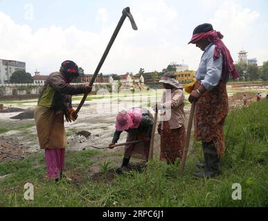 (190625) -- KATHMANDU, 25. Juni 2019 -- Arbeiterinnen werden am Wiederaufbau des historischen Ranipokhari-Teichs in Kathmandu, Nepal, am 24. Juni 2019 gesehen. Etwa 45 nepalesische Newari-Frauen aus Bhaktapur sind am Wiederaufbau des historischen Ranipokhari-Teichs beteiligt, der im 17. Jahrhundert erbaut wurde und beim massiven Erdbeben am 25. April 2015 schwer beschädigt wurde. NEPAL-KATHMANDU-RANIPOKHARI POND-REKONSTRUKTION-ARBEITERINNEN SUNILXSHARMA PUBLICATIONXNOTXINXCHN Stockfoto