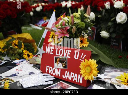 (190626) -- LOS ANGELES, 26. Juni 2019 -- Blumen und Bilder sind vor Michael Jacksons letzter Ruhestätte im Forest Lawn Memorial Garden zu sehen, um den 10. Jahrestag von Jacksons Tod in Los Angeles, den USA, am 25. Juni 2019 zu begehen. Fans aus aller Welt kamen am Dienstag nach Los Angeles, um Michael Jackson am 10. Jahrestag des Todes des Popstars 2009 zu gedenken. U.S.-LOS ANGELES-MICHAEL JACKSON-JUBILÄUM LIXYING PUBLICATIONXNOTXINXCHN Stockfoto