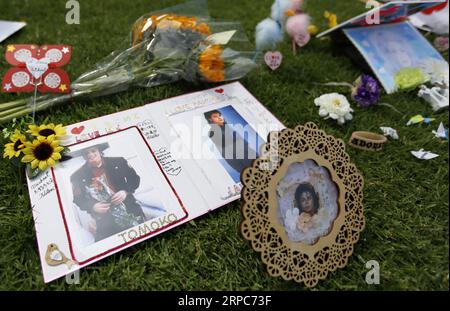 (190626) -- LOS ANGELES, 26. Juni 2019 -- Blumen und Bilder sind vor Michael Jacksons letzter Ruhestätte im Forest Lawn Memorial Garden zu sehen, um den 10. Jahrestag von Jacksons Tod in Los Angeles, den USA, am 25. Juni 2019 zu begehen. Fans aus aller Welt kamen am Dienstag nach Los Angeles, um Michael Jackson am 10. Jahrestag des Todes des Popstars 2009 zu gedenken. U.S.-LOS ANGELES-MICHAEL JACKSON-JUBILÄUM LIXYING PUBLICATIONXNOTXINXCHN Stockfoto