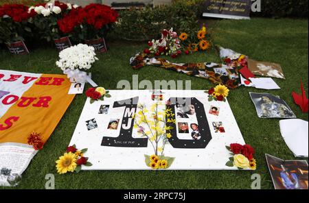 (190626) -- LOS ANGELES, 26. Juni 2019 -- Blumen und Bilder sind vor Michael Jacksons letzter Ruhestätte im Forest Lawn Memorial Garden zu sehen, um den 10. Jahrestag von Jacksons Tod in Los Angeles, den USA, am 25. Juni 2019 zu begehen. Fans aus aller Welt kamen am Dienstag nach Los Angeles, um Michael Jackson am 10. Jahrestag des Todes des Popstars 2009 zu gedenken. U.S.-LOS ANGELES-MICHAEL JACKSON-JUBILÄUM LIXYING PUBLICATIONXNOTXINXCHN Stockfoto