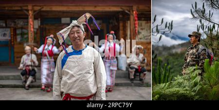 (190626) -- KUNMING, 26. Juni 2019 -- Combo-Foto zeigt das Porträt von Chen Lijun, Nu ethnischer Gruppe (L, Foto aufgenommen am 22. Juni 2019) und Chen, die den Wald in Shuangla Village der Gemeinde Bingzhongluo, Gongshan County, südwestchinesische Provinz Yunnan patrouillieren (R, Foto aufgenommen am 23. Juni 2019). Zhiguo-Minderheiten sind besondere Mitglieder der 56 ethnischen Gruppen Chinas. Der Begriff Zhiguo bezieht sich auf Minderheitengruppen, die vor der Modernisierung in relativer Isolation gelebt und die mit der feudalen Monarchie verbundene Übergangszeit übersprungen hatten. Yunnan ist ein wichtiges konzentriertes Gebiet der Zhiguo-Minderheiten, einschließlich Stockfoto