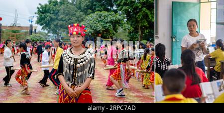 (190626) -- KUNMING, 26. Juni 2019 -- Kombo-Foto vom 21. Juni 2019 zeigt das Porträt von Lei Mukuan (L), einem Lehrer der ethnischen Gruppe Jingpo (L, Foto von Hu Chao), und Lei unterrichtete im Unterricht an der Yingpan Minzu Primary School in der Gemeinde Xishan in der Stadt Mangshi im Südwesten Chinas, Provinz Yunnan (R, Foto aufgenommen von ). Zhiguo-Minderheiten sind besondere Mitglieder der 56 ethnischen Gruppen Chinas. Der Begriff Zhiguo bezieht sich auf Minderheitengruppen, die vor der Modernisierung in relativer Isolation gelebt und die mit der feudalen Monarchie verbundene Übergangszeit übersprungen hatten. Yunnan ist ein großes konzentriertes Gebiet von Zhi Stockfoto