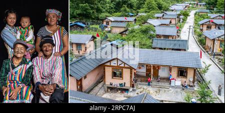 (190626) -- KUNMING, 26. Juni 2019 -- Combo Foto aufgenommen am 21. Juni 2019 zeigt ein Familienfoto von Li Wenshi (Front L), einer Frau der ethnischen Gruppe Dulong, und Häuser von Li und anderen Dorfbewohnern im Dorf Dizhengdang der Gemeinde Dulongjiang, Gongshan County, Südwestchinesische Provinz Yunnan. Die Häuser wurden 2011 von der örtlichen Regierung erbaut. Zhiguo-Minderheiten sind besondere Mitglieder der 56 ethnischen Gruppen Chinas. Der Begriff Zhiguo bezieht sich auf Minderheitengruppen, die vor der Modernisierung in relativer Isolation gelebt und die mit der feudalen Monarchie verbundene Übergangszeit übersprungen hatten. Yunnan ist eine große Konzentra Stockfoto