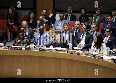 (190626) -- VEREINTEN NATIONEN, 26. Juni 2019 -- Karen Pierce (C, Front), ständige Vertreterin des Vereinigten Königreichs bei den Vereinten Nationen, spricht im UN-Hauptquartier in New York am 26. Juni 2019 an der halbjährlichen Informationsveranstaltung des Sicherheitsrats über die Umsetzung der Resolution 2231, in der der Gemeinsame umfassende Aktionsplan (JCPOA) zum iranischen Nuklearprogramm gebilligt wurde. Joao Vale de Almeida, Leiter der EU-Delegation bei den Vereinten Nationen, bekräftigte am Mittwoch seine Unterstützung für den Gemeinsamen umfassenden Aktionsplan, der allgemein als das iranische Nuklearabkommen bezeichnet wird, trotz der zunehmenden Spannungen zwischen den Vereinigten Staaten und Stockfoto