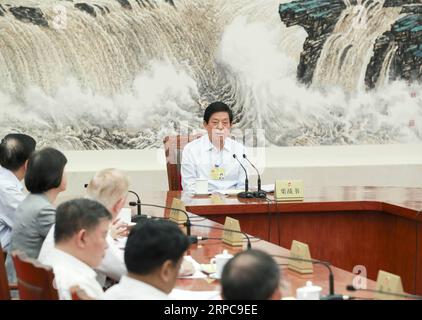 (190628) -- PEKING, 28. Juni 2019 -- Li Zhanshu, Vorsitzender des Ständigen Ausschusses des Nationalen Volkskongresses (NPC), leitet die 34. Sitzung des 13. Ständigen Ausschusses des NPC in der Großen Halle des Volkes in Peking, Hauptstadt Chinas, am 28. Juni 2019. ) CHINA-PEKING-LI ZHANSHU-NPC-VORSITZ SITZUNG (CN) DINGXLIN PUBLICATIONXNOTXINXCHN Stockfoto