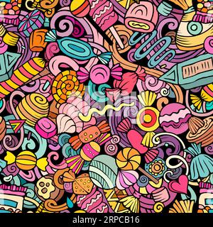 Cartoon Doodle Candies mit nahtlosem Muster. Kulisse mit Symbolen und Gegenständen von Süßwaren. Farbenfroher, detaillierter Hintergrund für Druck auf Stoff, Textil, ph Stock Vektor