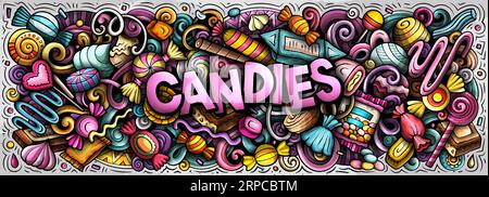 Comic Vector Candies Doodle Illustration zeigt eine Vielzahl von süßen Lebensmitteln Objekte und Symbole. Leuchtende Farben skurriles lustiges Bild. Stock Vektor